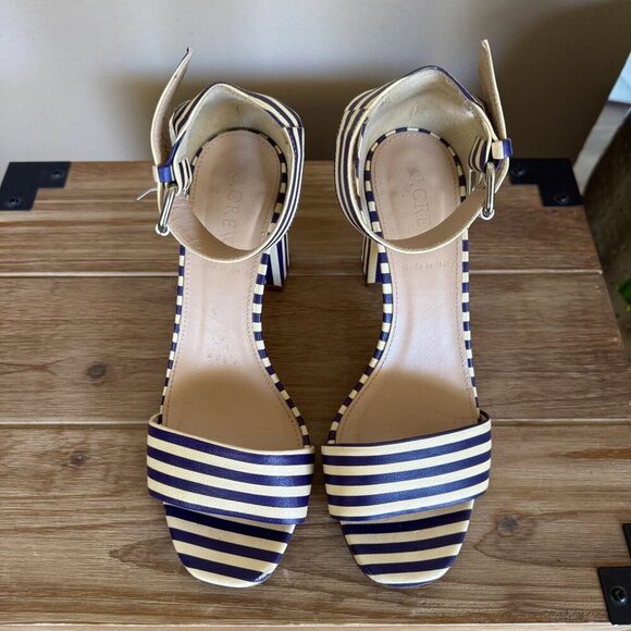 J. Crew Leather Light Cream Navy Stripe Ankle Strap Open Toe Block Heel Sandals - Picture 3 of 16